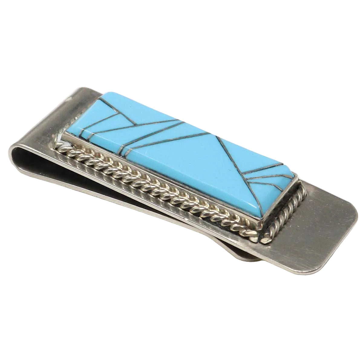 Silver money clip with turquoise stone on a white background