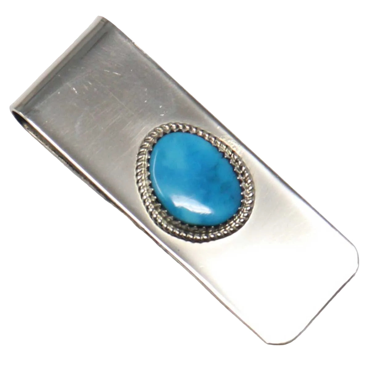 Silver money clip with a turquoise stone on a white background