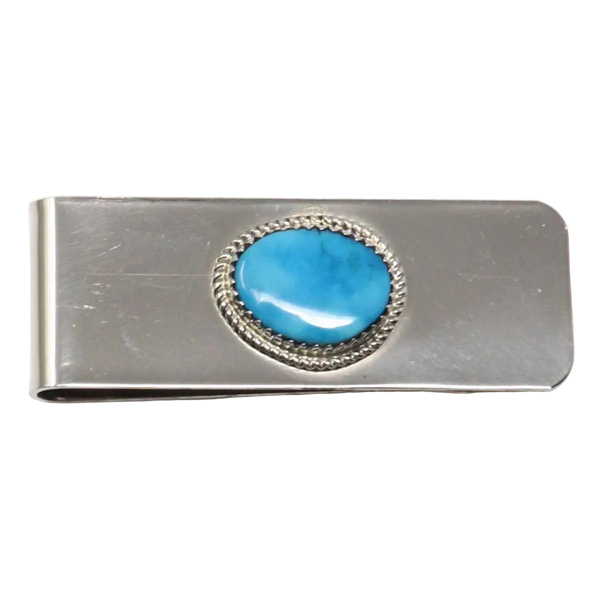 Silver money clip with a  turquoise stone on a white background