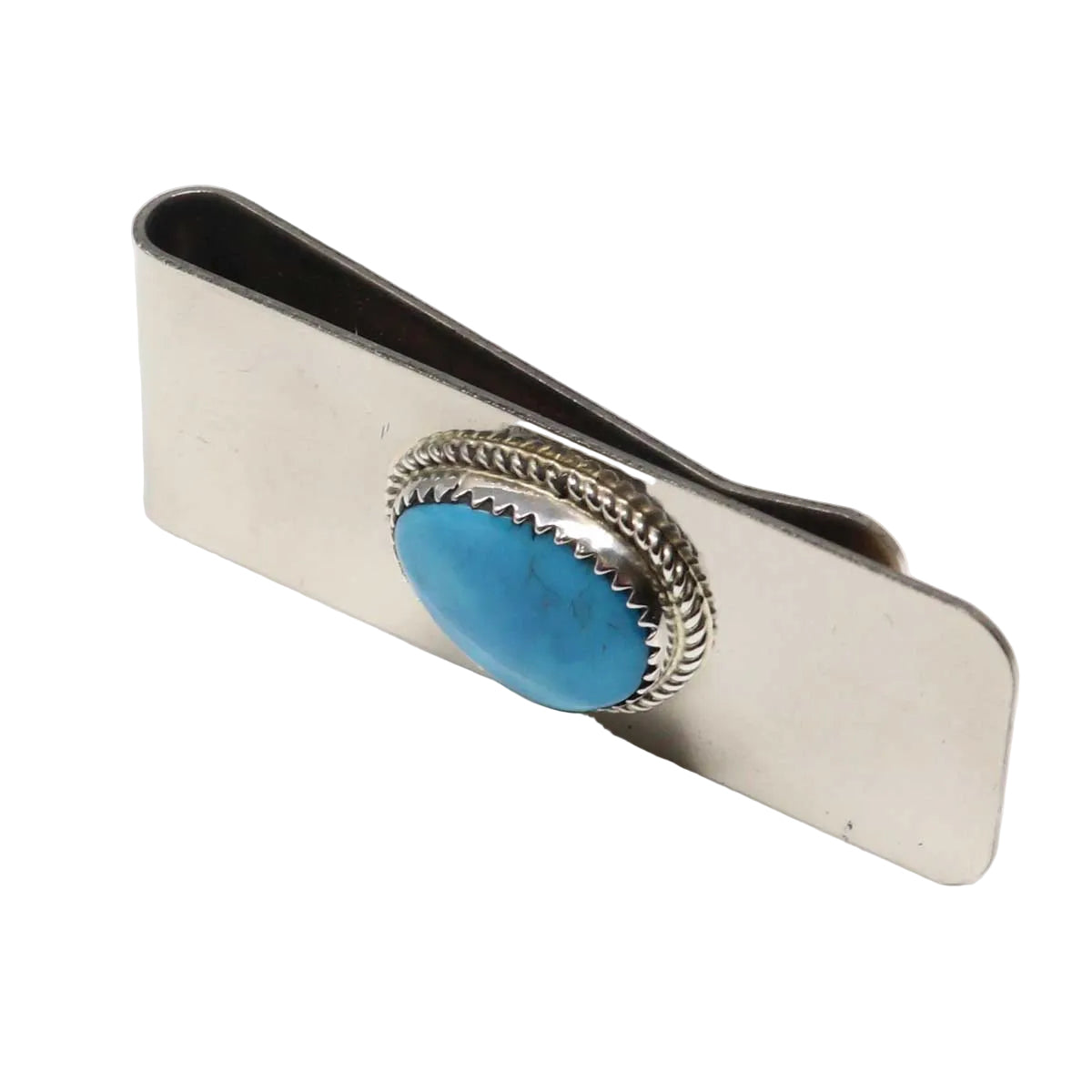 Silver money clip with a blue stone on a white background