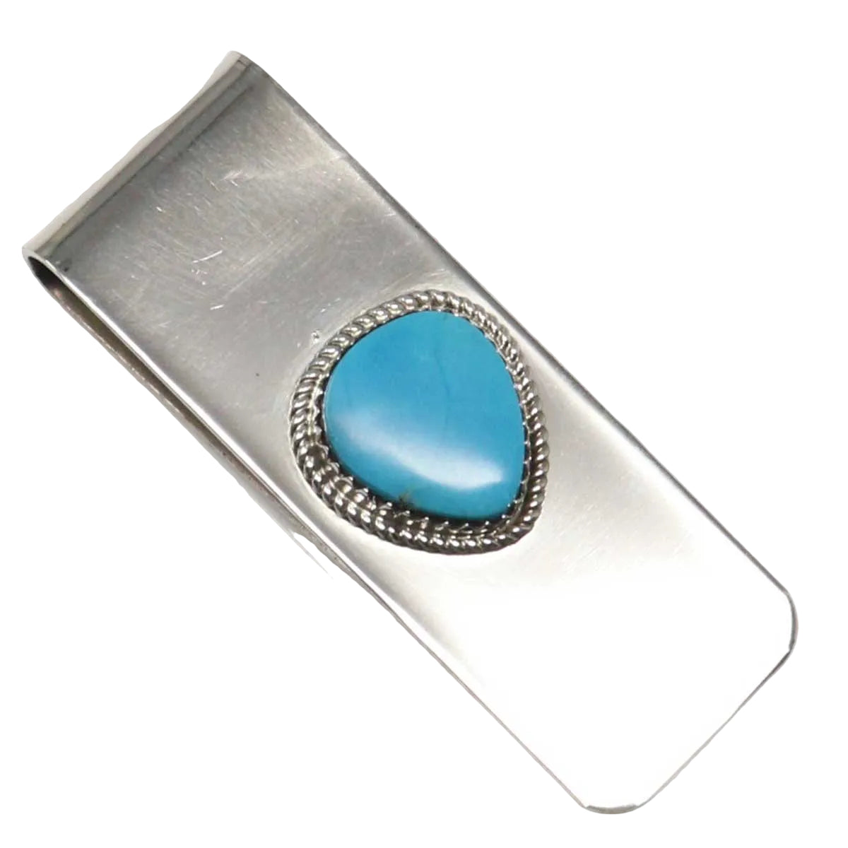 Silver money clip with a turquoise stone on a white background