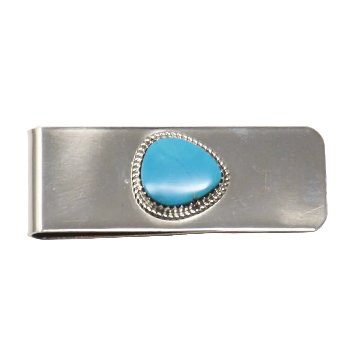 Silver money clip with a turquoise stone on a white background