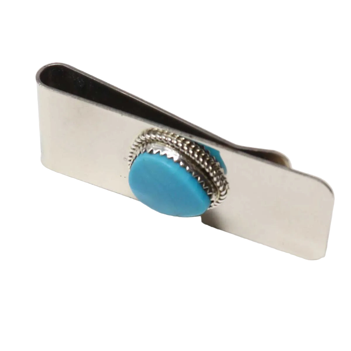 Metallic tie clip with turquoise stone on a white background