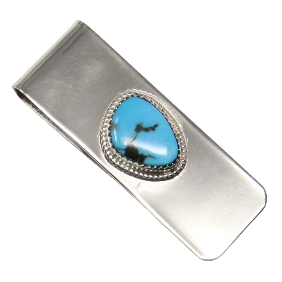 Silver money clip with a turquoise stone on a white background