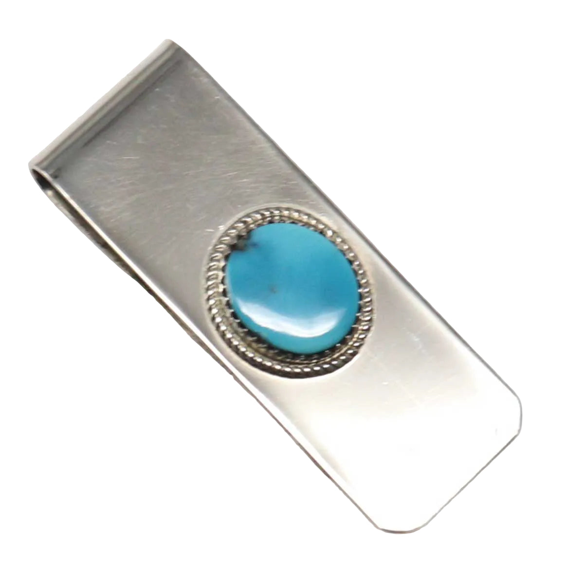 Silver money clip with a turquoise stone on a white background