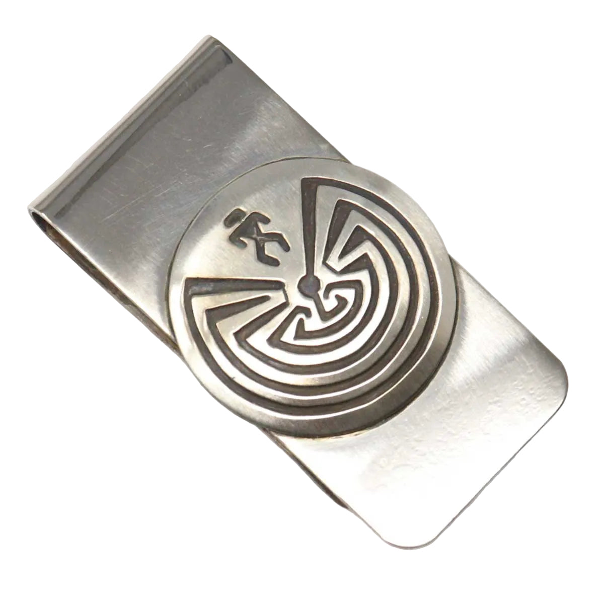 Silver money clip with Man in the Maze design on a white background