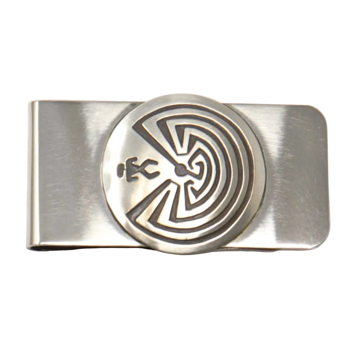 Silver money clip with Man in the Maze design on a white background