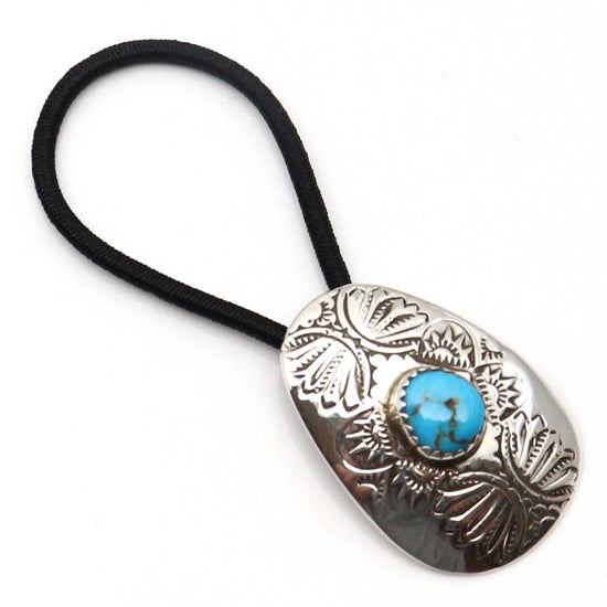 Turquoise & Stamped Silver Hair Tie by Shirley Skeets