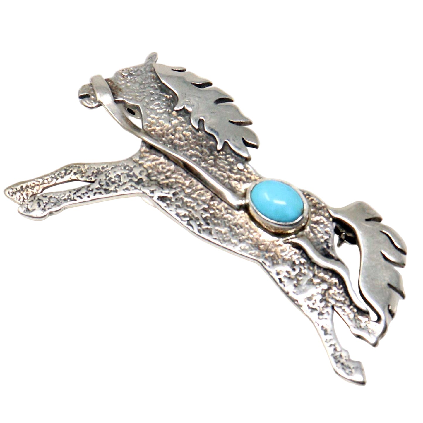 Silver horse-shaped pin with a turquoise stone on a white background