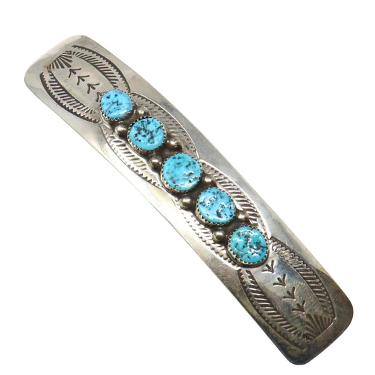 Stamped Silver Barrette & Kingman Turquoise by Joan Begay