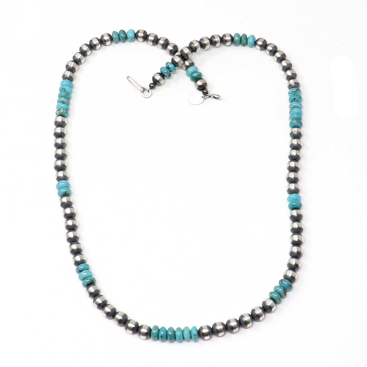 20" 6 mm Sterling Silver Navaho Pearls With Turquoise