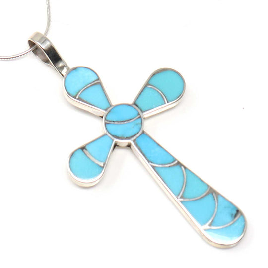 Channel Inlay Turquoise Cross Pendant by Johnson