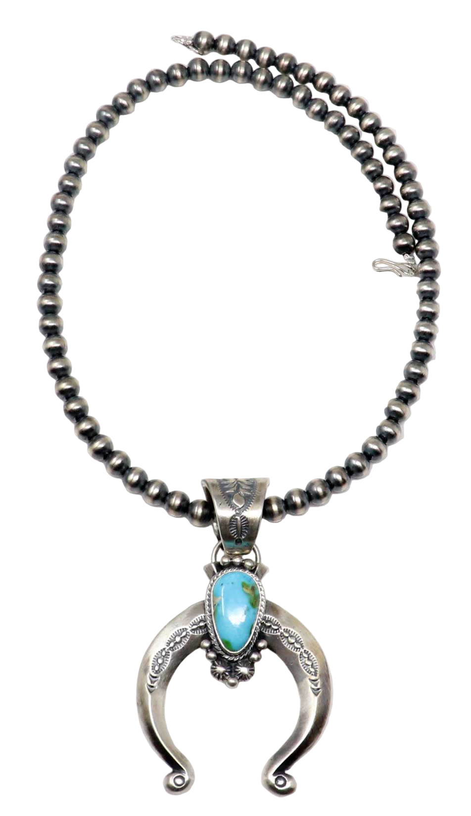 Necklace with beaded chain and silver Naja featuring a turquoise stone on a white background