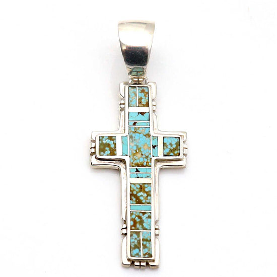 Large Inlay Cross Pendant Featuring Number 8 Turquoise
