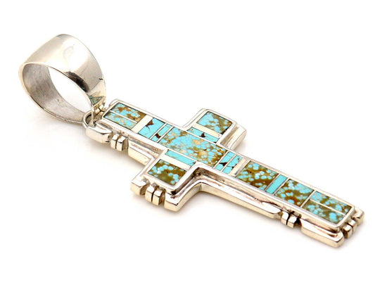 Large Inlay Cross Pendant Featuring Number 8 Turquoise