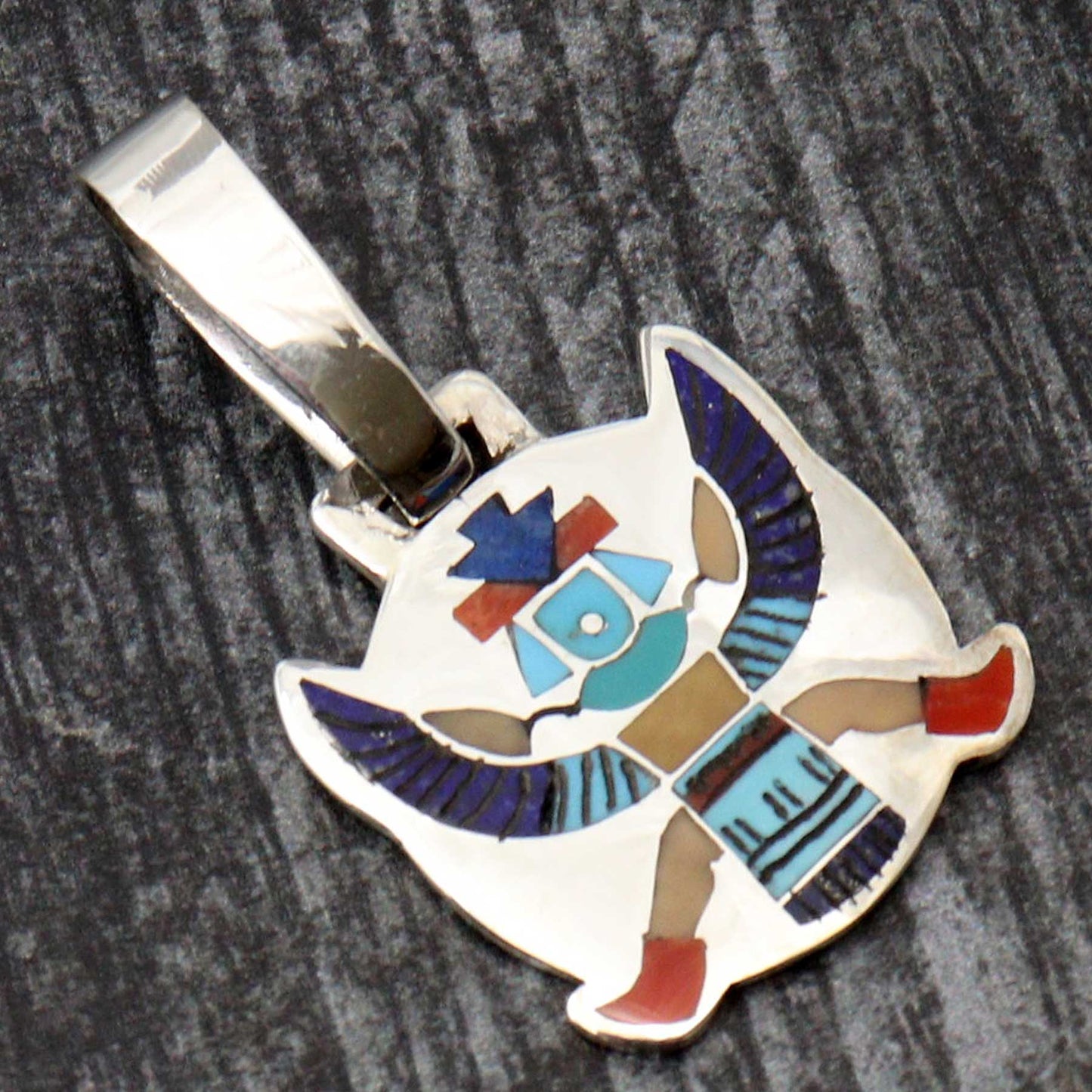 Zuni Colorful Inlay Knifewing Pendant by Harlen Coonsis