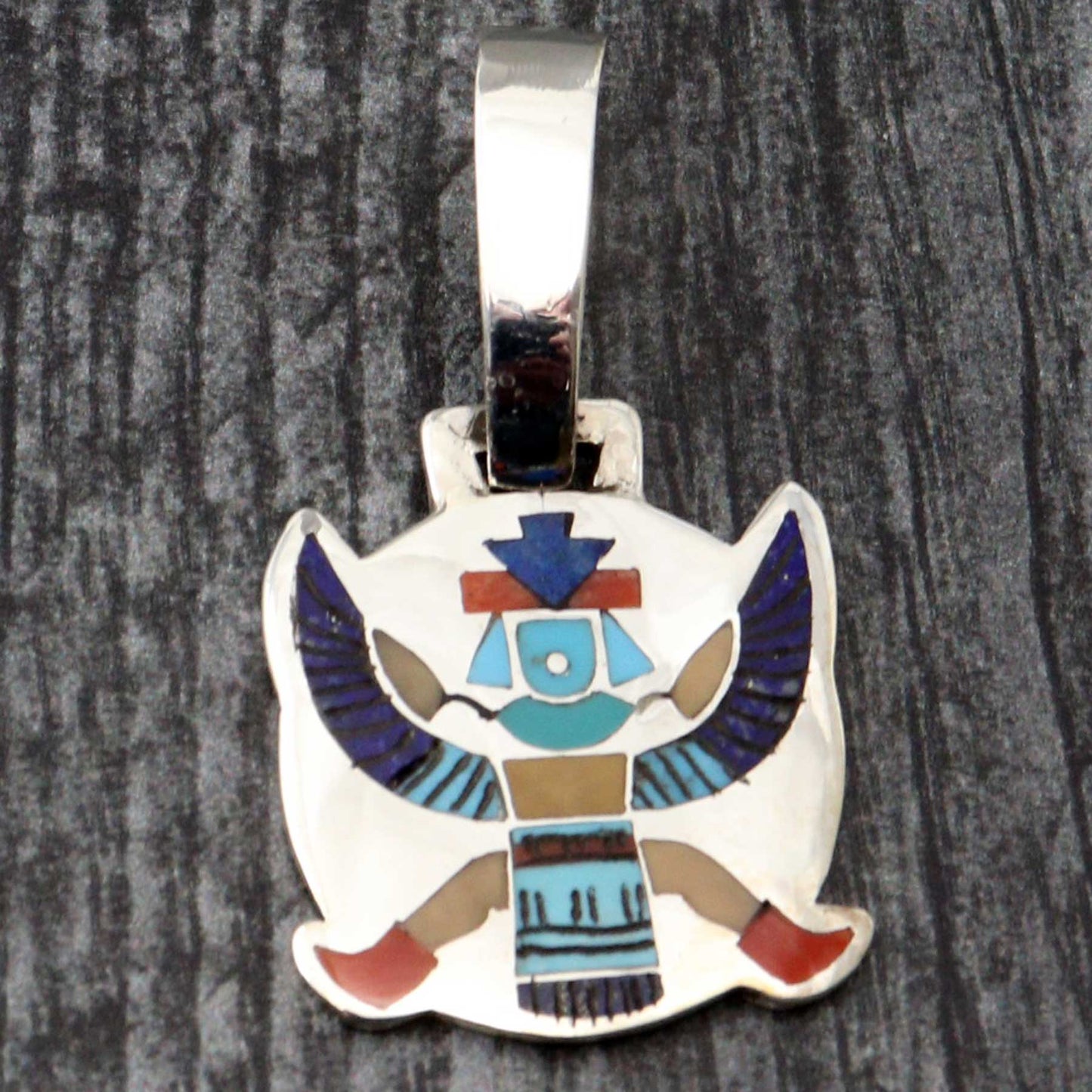Zuni Colorful Inlay Knifewing Pendant by Harlen Coonsis