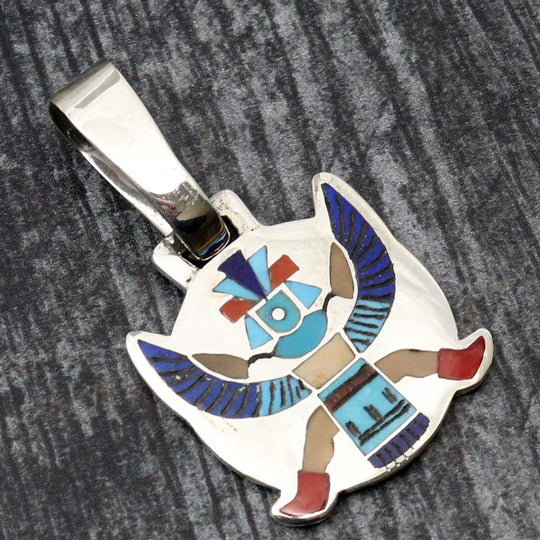 Zuni Multi Stone Inlay Knifewing Pendant by Harlen Coonsis