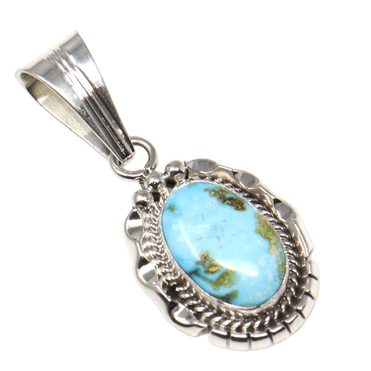 Turquoise stone pendant with silver frame on a white background