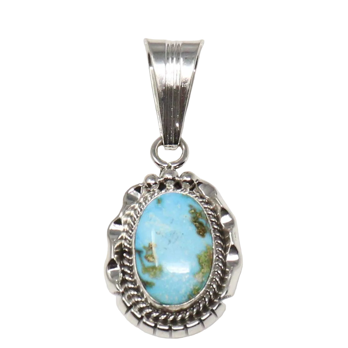 Turquoise stone pendant with silver setting on a white background