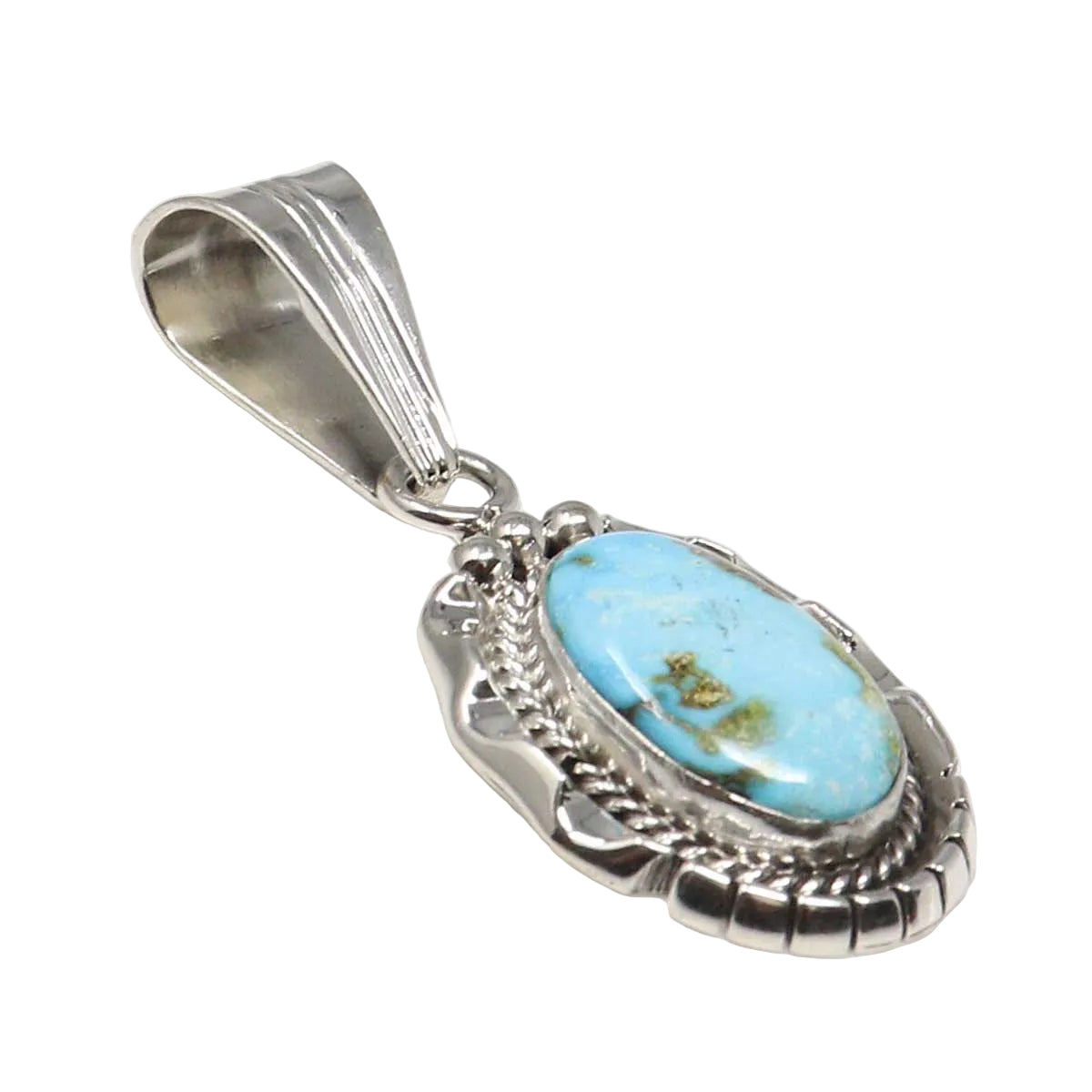 Silver pendant with a turquoise stone on a white background