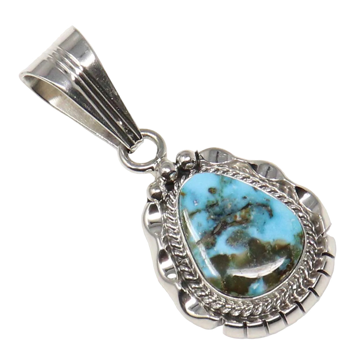 Turquoise stone pendant with silver setting on a white background