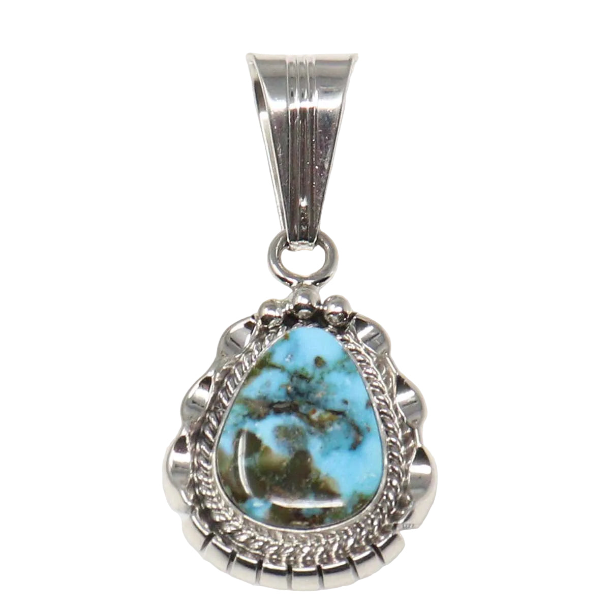 Turquoise pendant with silver frame on a white background
