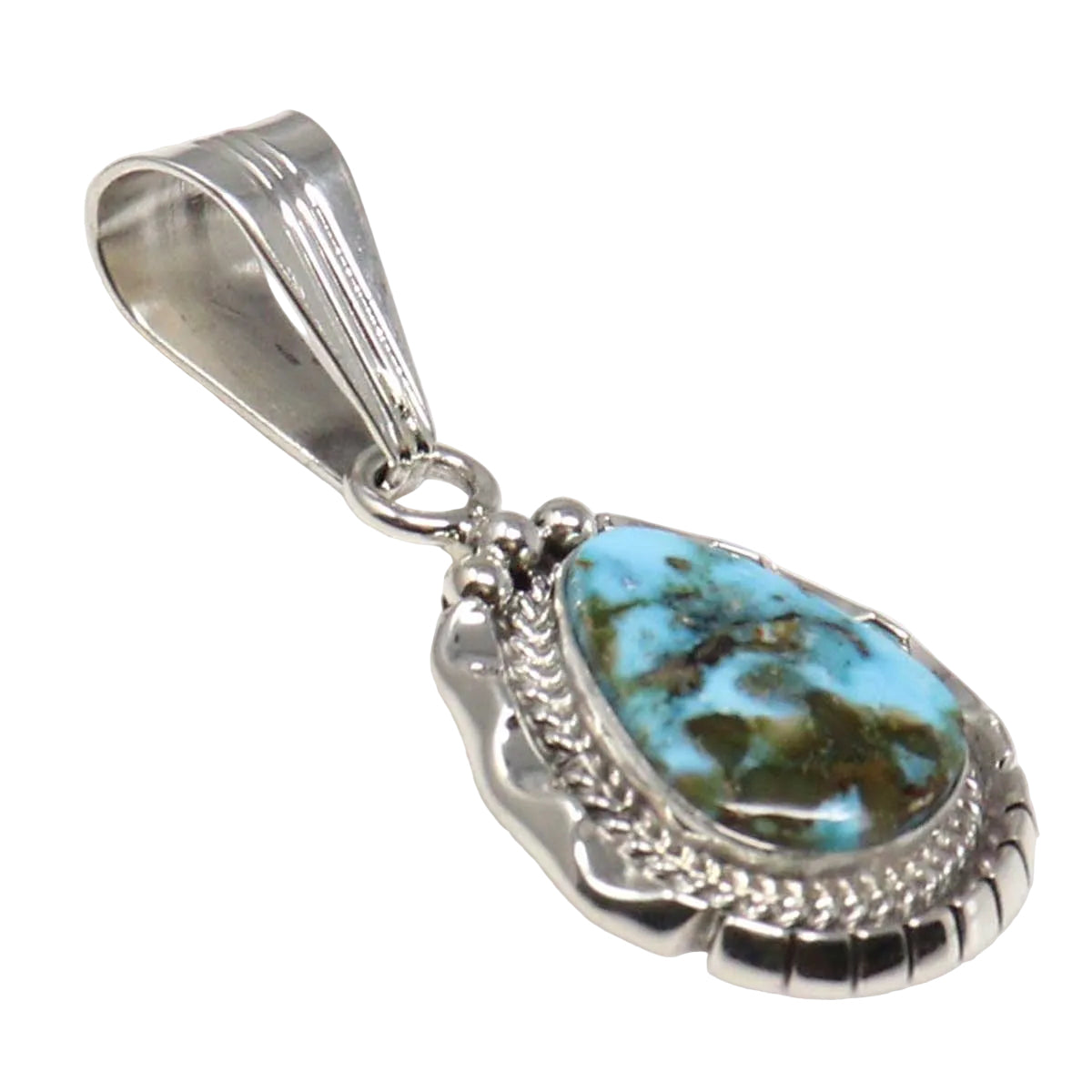 Turquoise stone pendant on a silver chain against a white background