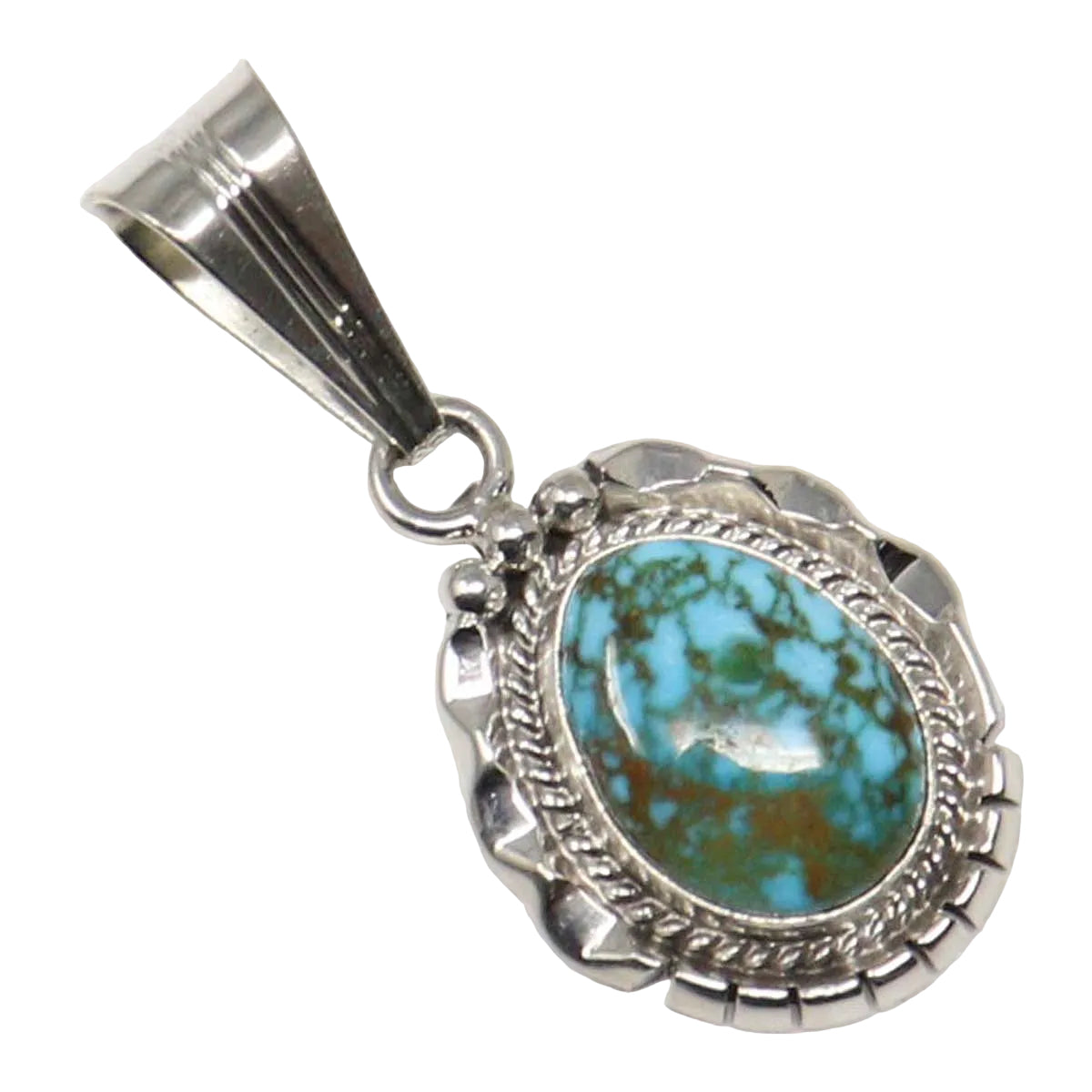 Silver pendant with turquoise stone on a white background