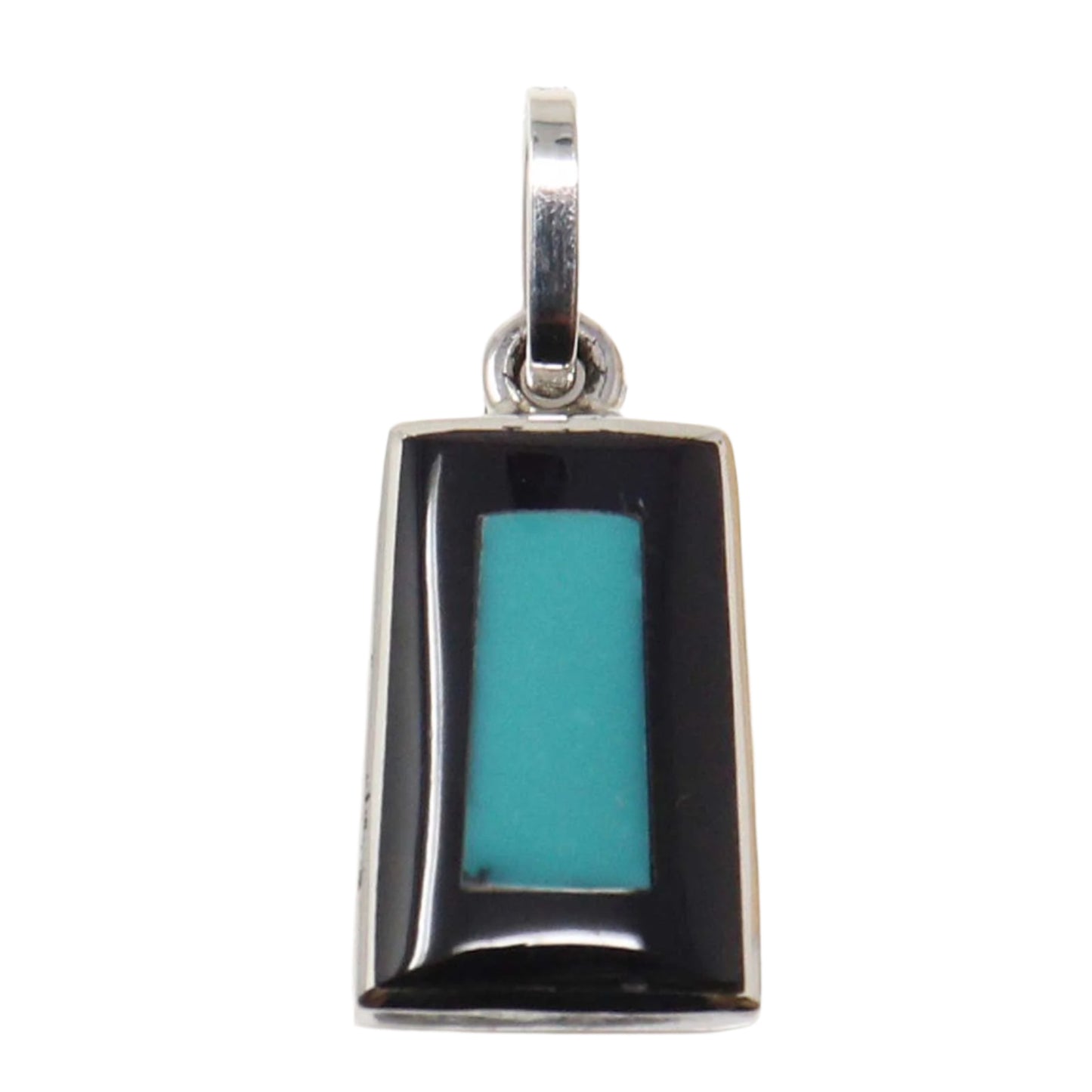 Silver pendant with a turquoise and black rectangular design on a white background