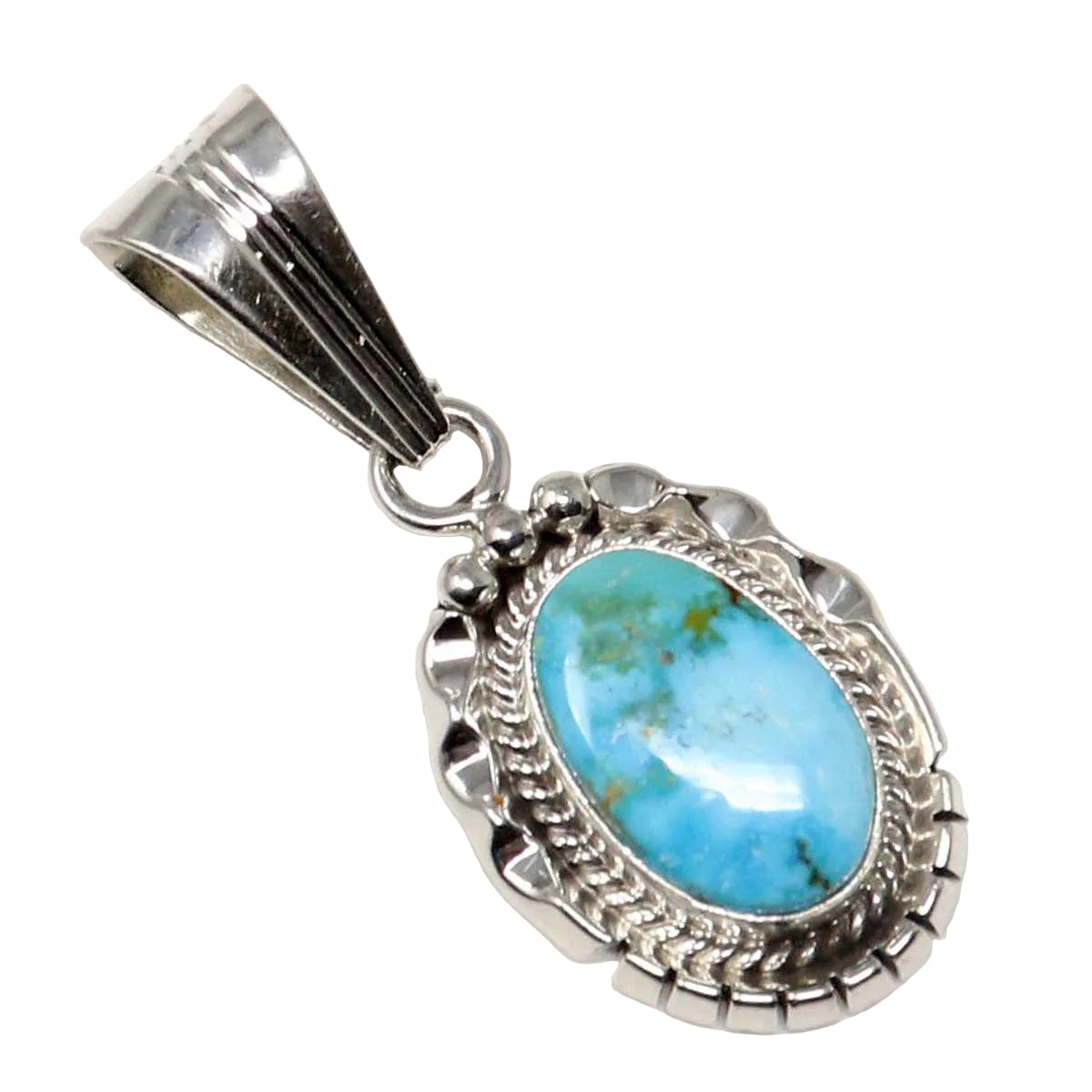Silver pendant with a turquoise stone on a white background