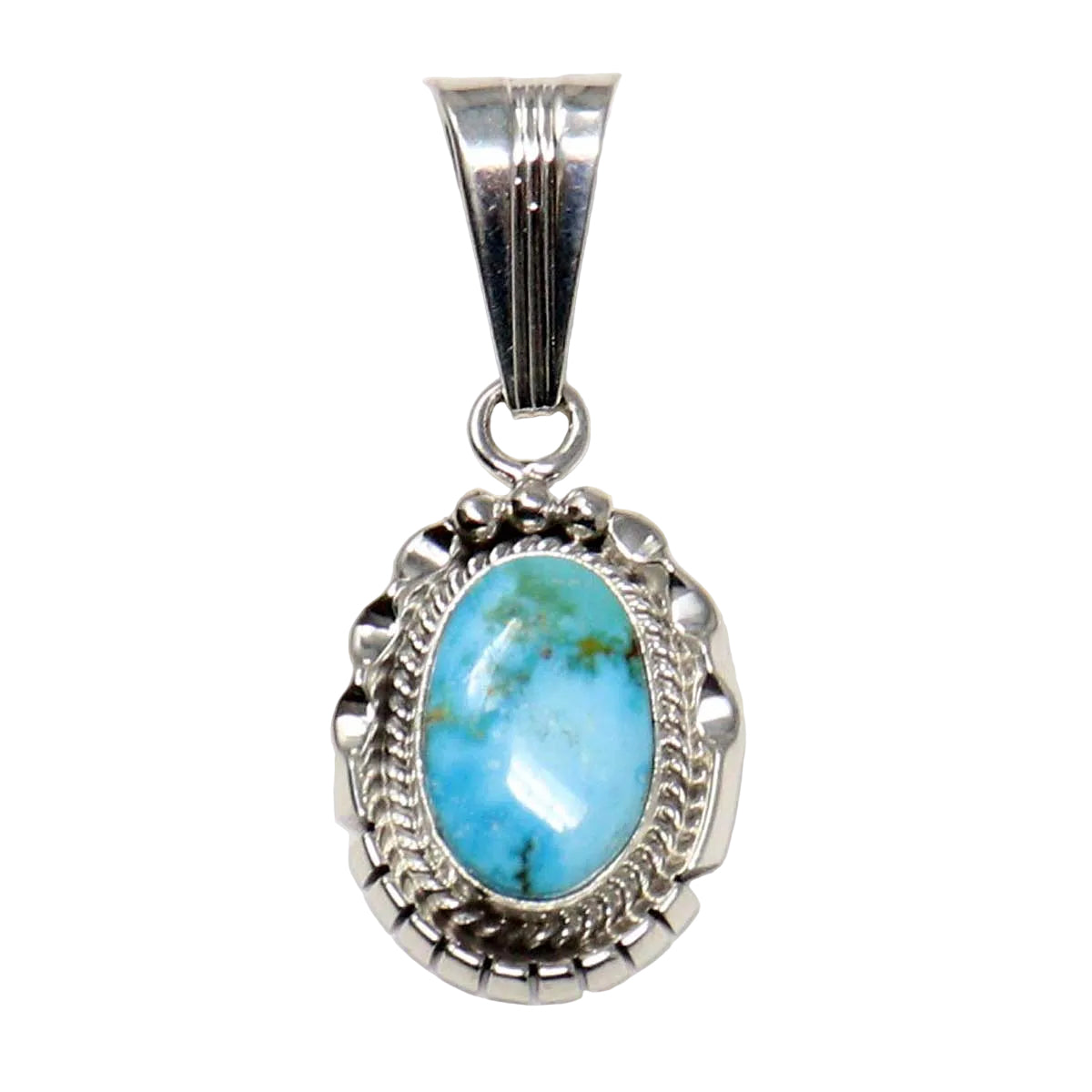 Turquoise pendant with silver setting on a white background