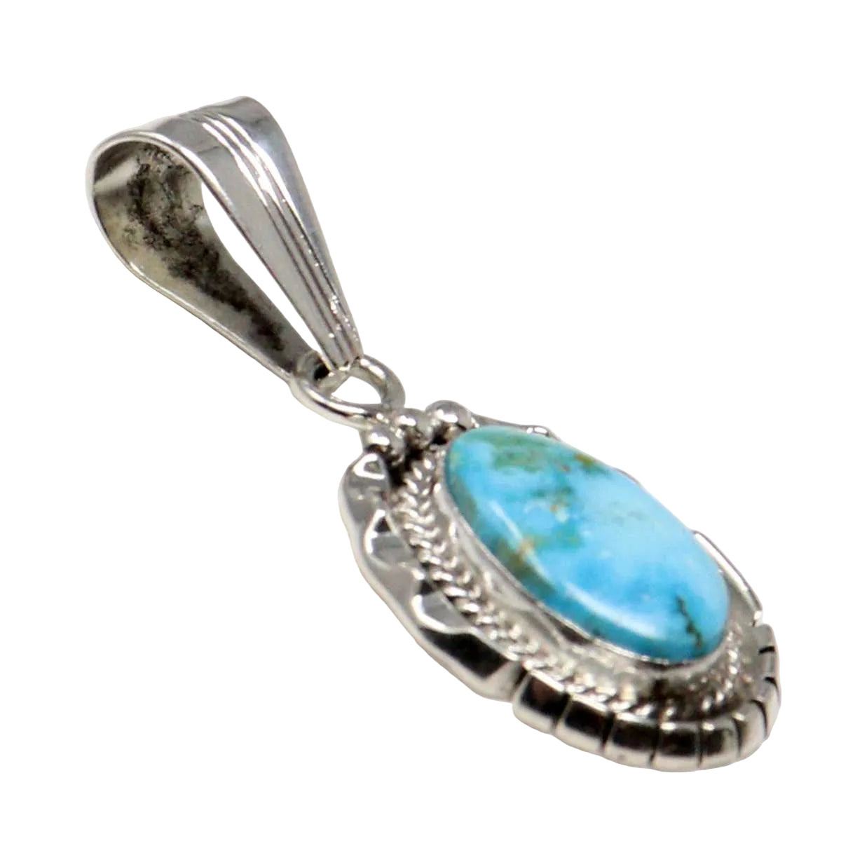 Turquoise pendant on a silver chain against a white background