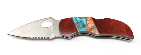 Turquoise Inlaid Wood Handled  Folding Knife