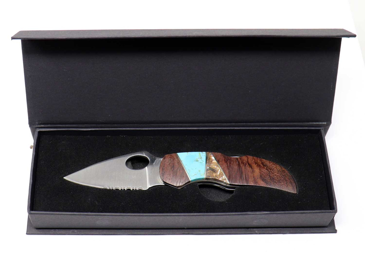 Turquoise Inlaid Wood Handled  Folding Knife