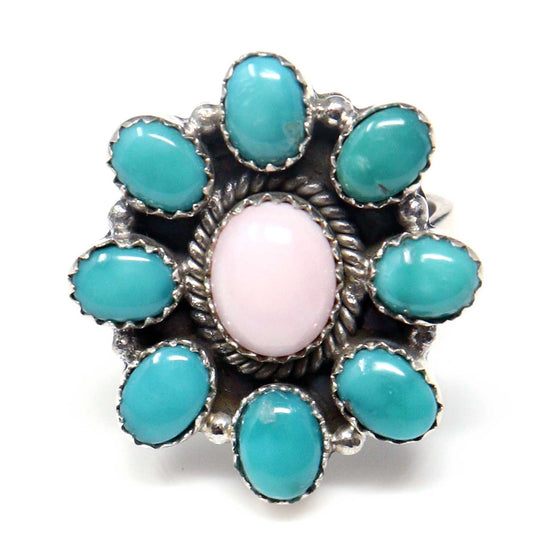 Pink Opal & Turquoise Adjustable Silver Cluster Ring