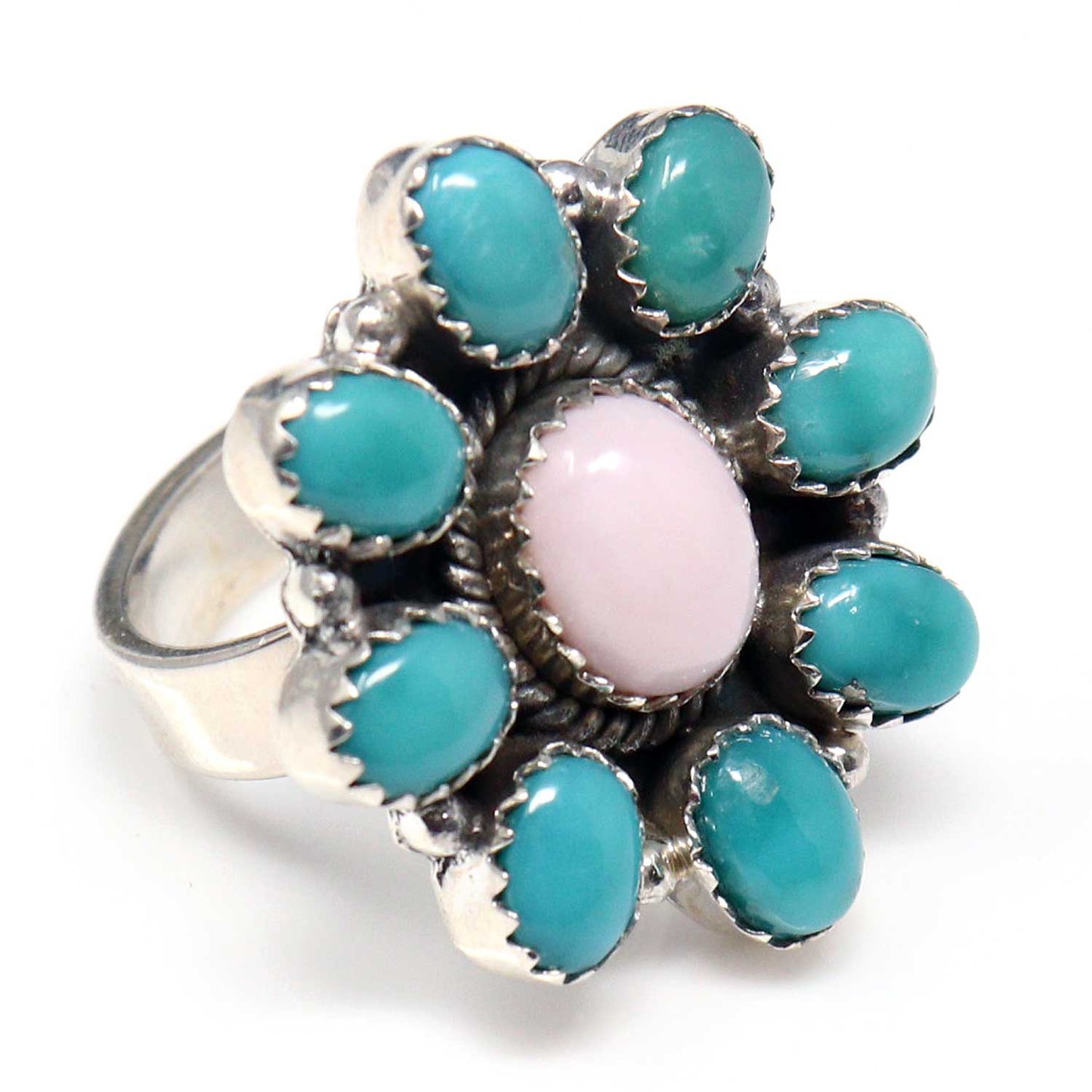 Pink Opal & Turquoise Adjustable Silver Cluster Ring