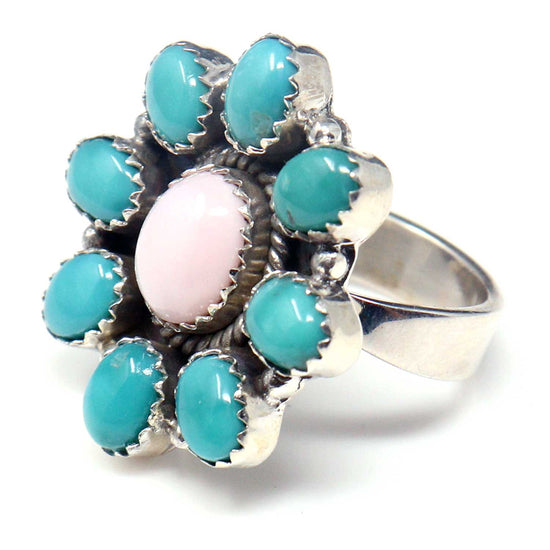 Pink Opal & Turquoise Adjustable Silver Cluster Ring