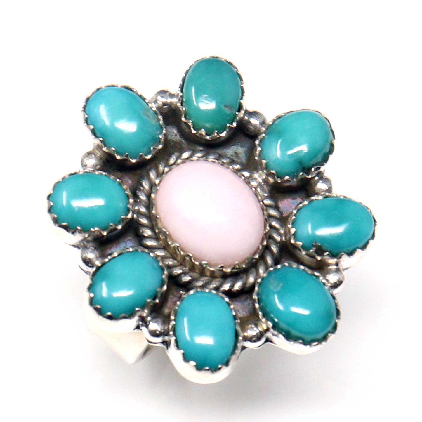 Pink Opal & Turquoise Adjustable Silver Cluster Ring