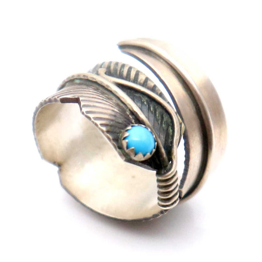 Adjustable Turquoise & Silver Feather Ring By Chris Charlie