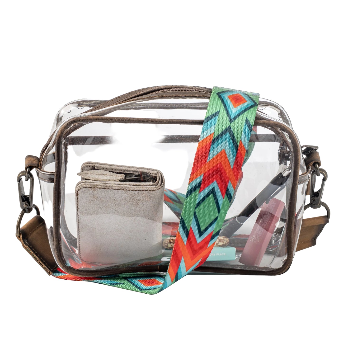 Clear transparent bag with a colorful strap on a black background