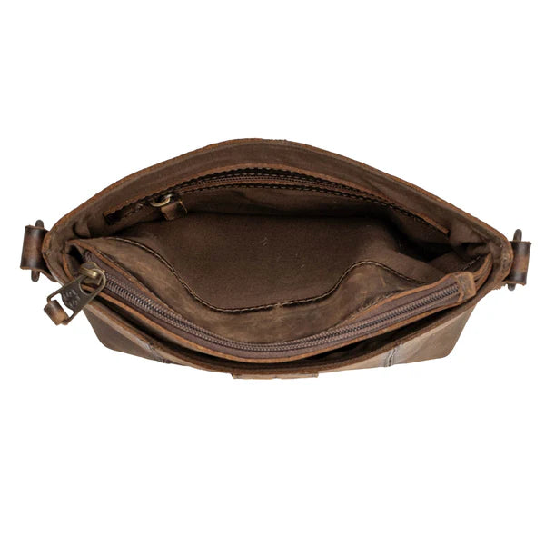 Brown leather pouch with zippers on a white background