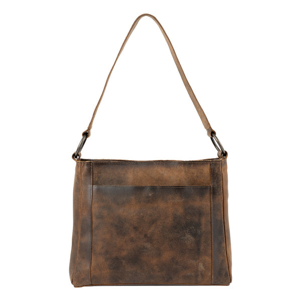 A brown distressed leather shoulder bag with a single adjustable strap and a front slip pocket, shown against a plain white background.