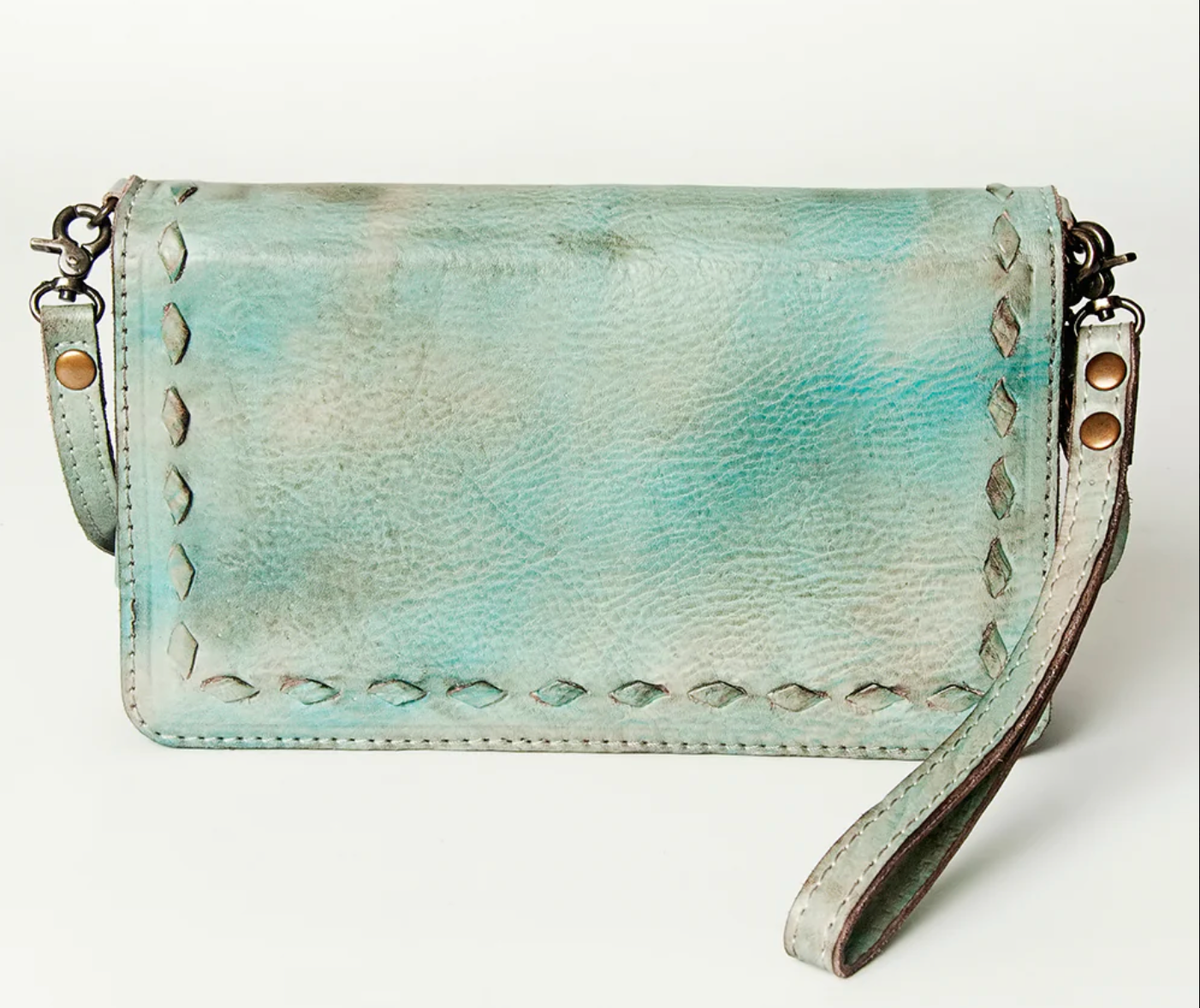 Antiqued Teal Leather Crossbody Wallet Organizer
