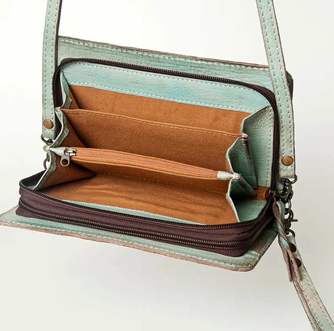 Antiqued Teal Leather Crossbody Wallet Organizer