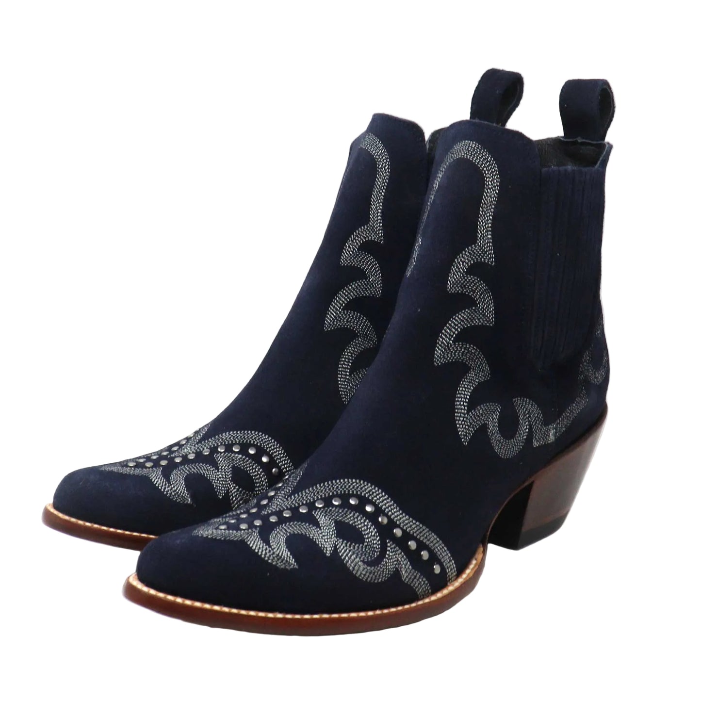 Pair of navy blue ankle boots with decorative patterns on a white background