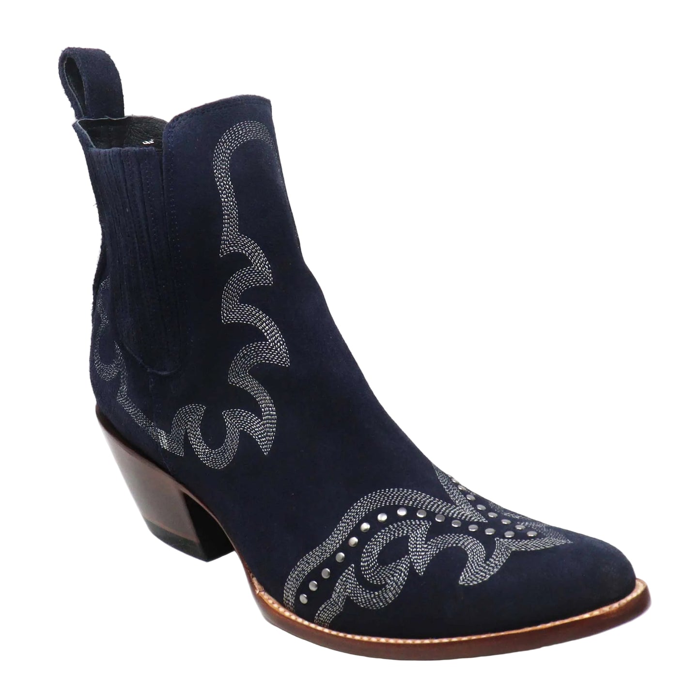 Navy blue ankle boot with decorative patterns on a white background