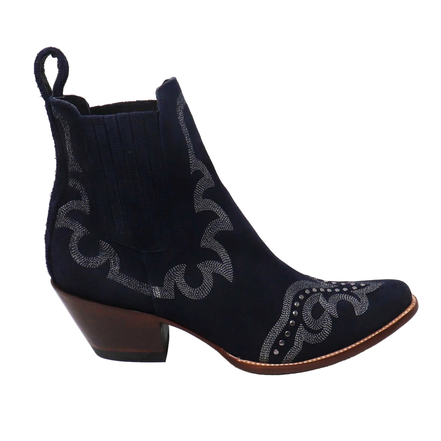 Navy blue  cowboy boot with decorative patterns on a white background