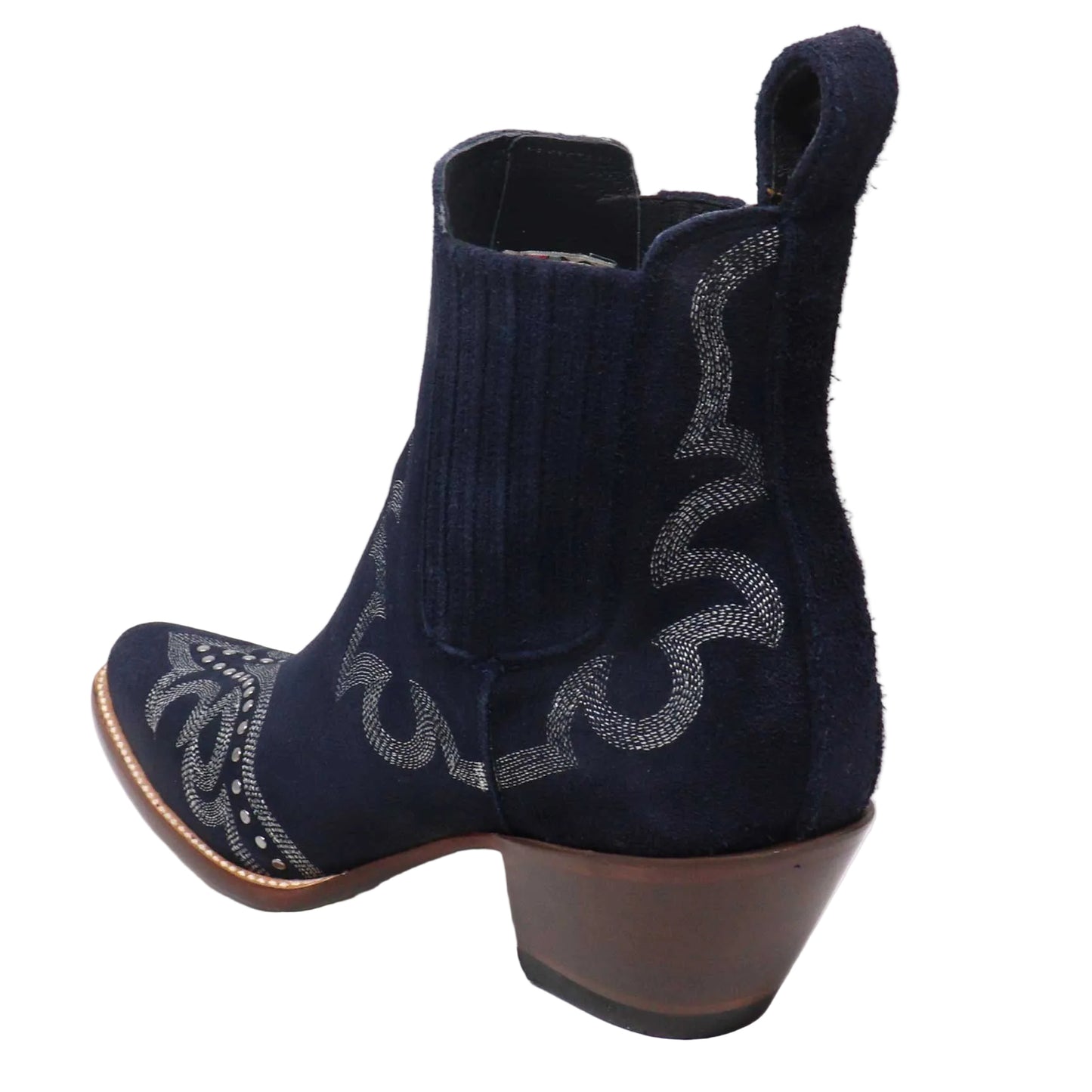 Navy blue ankle boot with decorative pattern on a white background