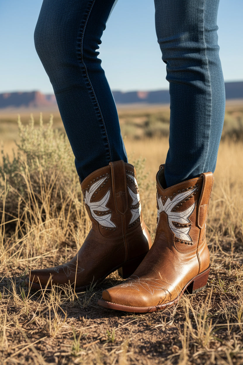 A pair of brown leather cowboy boots with white embroidered decorative patterns on the shafts, shown from the front on a white background.